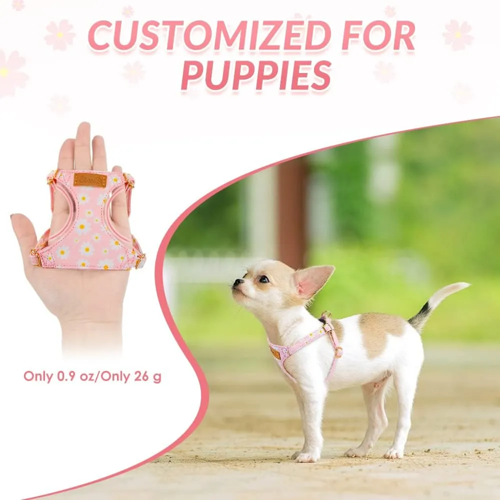 Lukovee Puppy Harness and Leash Set, No Pull Adjustable Lightweight Soft Suede Pet Harness Vest with Snap Buckle for Puppy Small and Medium Size Dog (Pink-S)