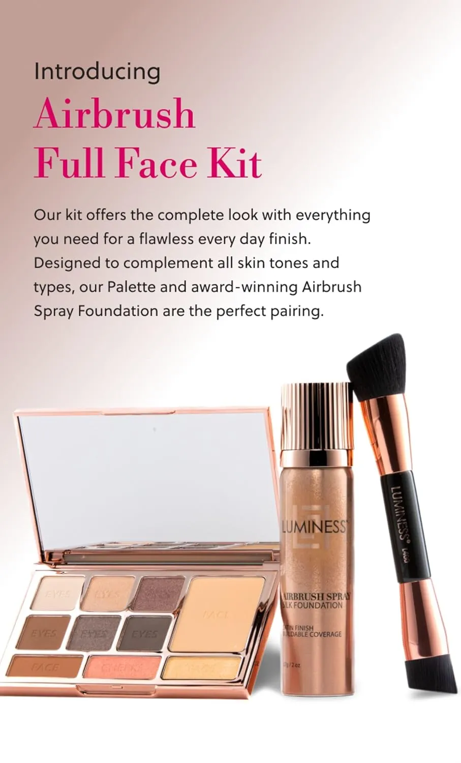 LUMINESS Face Time All In One Makeup Kit - Includes Face Palette, Airbrush Foundation, and Makeup Brush - Long-Wearing, Silky, Soft, Easy to Blend, 3-PC Make Up Set (16 - Light Rich)