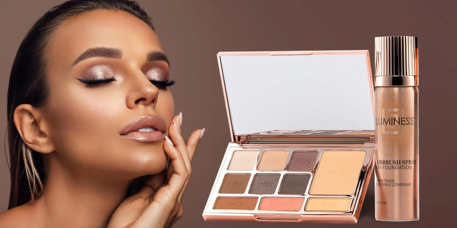 LUMINESS Face Time All In One Makeup Kit - Includes Face Palette, Airbrush Foundation, and Makeup Brush - Long-Wearing, Silky, Soft, Easy to Blend, 3-PC Make Up Set (16 - Light Rich)