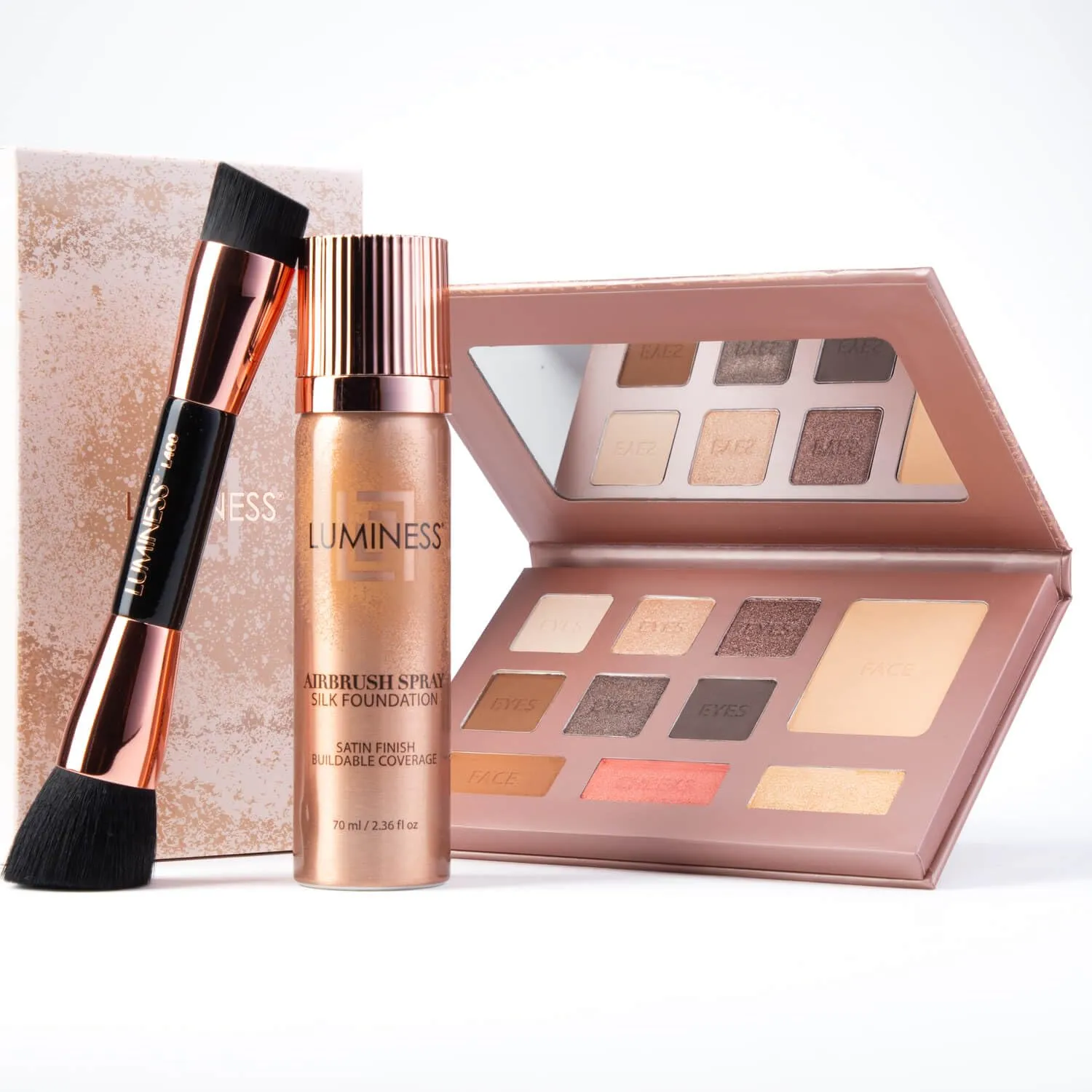 LUMINESS Face Time All In One Makeup Kit - Includes Face Palette, Airbrush Foundation, and Makeup Brush - Long-Wearing, Silky, Soft, Easy to Blend, 3-PC Make Up Set (16 - Light Rich)