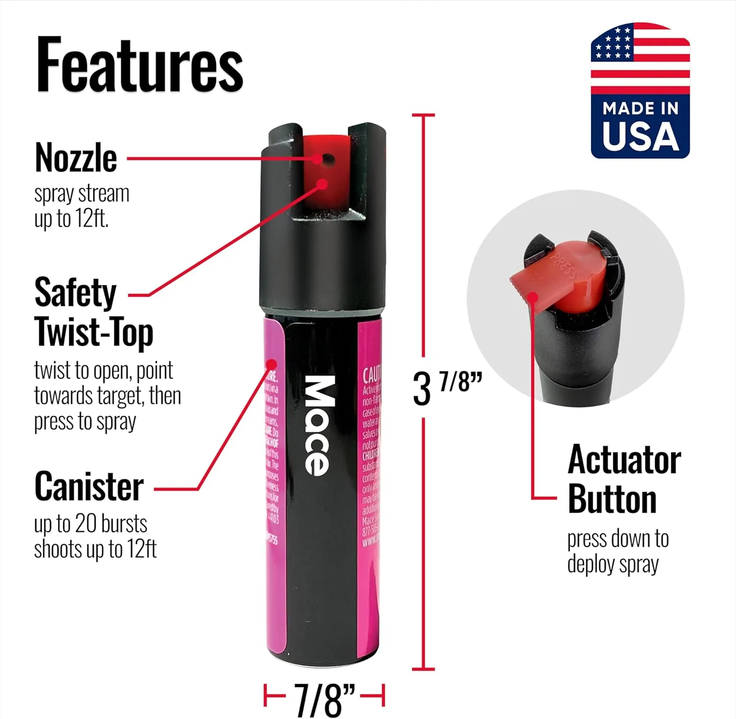 Mace Full Size Twist Lock Pepper Spray, 0.75 oz, 12 Feet Range, Max Strength 10% OC Formula, Long Lasting UV Dye, Leakproof Design, Self Defense Pepper Spray for Women & Men