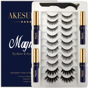 Magnetic Eyelashes Natural Look - 10 Pairs 3D Fake Medium Magnetic Lashes - 4 Tube of Magnetic Eyeliner - Upgraded,Long Lasting,Reusable,With Applicator - Easy to Apply