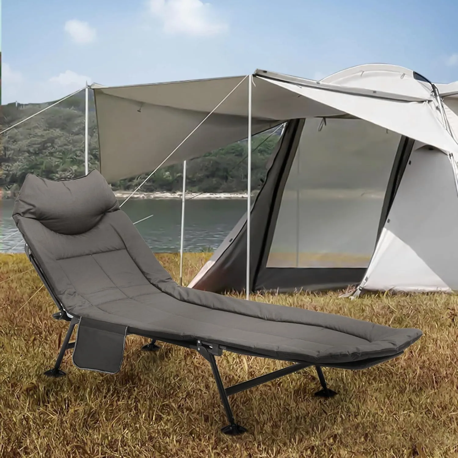 Magshion 80" Folding Camping Cot for Adults up to 250lbs, Portable Camping Bed with Removable Mattress, Carry Bag & Side Pocket, 180° Adjustable Reclining Chair for Home Office Nap (Black, 1 Pack)