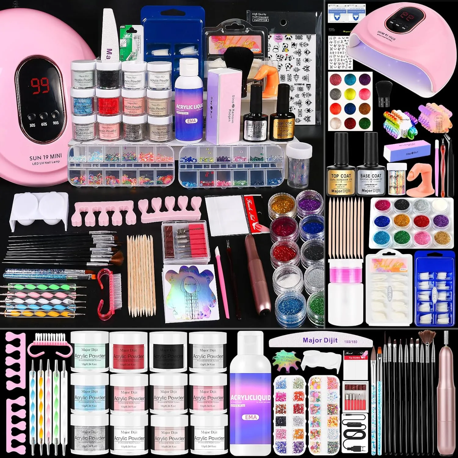Major Dijit Acrylic Nail Kit with LED Lamp & Electric Drill - 12 Colors Acrylic Powder Monomer, Base/Top Coat, Tips/Glitter/Nail Charms | Nail Kit for Beginners with Everything