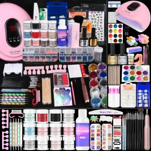 Major Dijit Acrylic Nail Kit with LED Lamp & Electric Drill - 12 Colors Acrylic Powder Monomer, Base/Top Coat, Tips/Glitter/Nail Charms | Nail Kit for Beginners with Everything