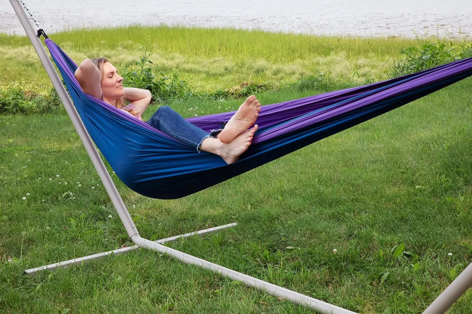 Makena Camping Hammock Set with Storage Bag Double Hammock for Two Outdoor Tree Swing Portable Hammock for Travel Camping Accessories Use Outside Backyard Backpacking Beach Picnic - Blue and Purple