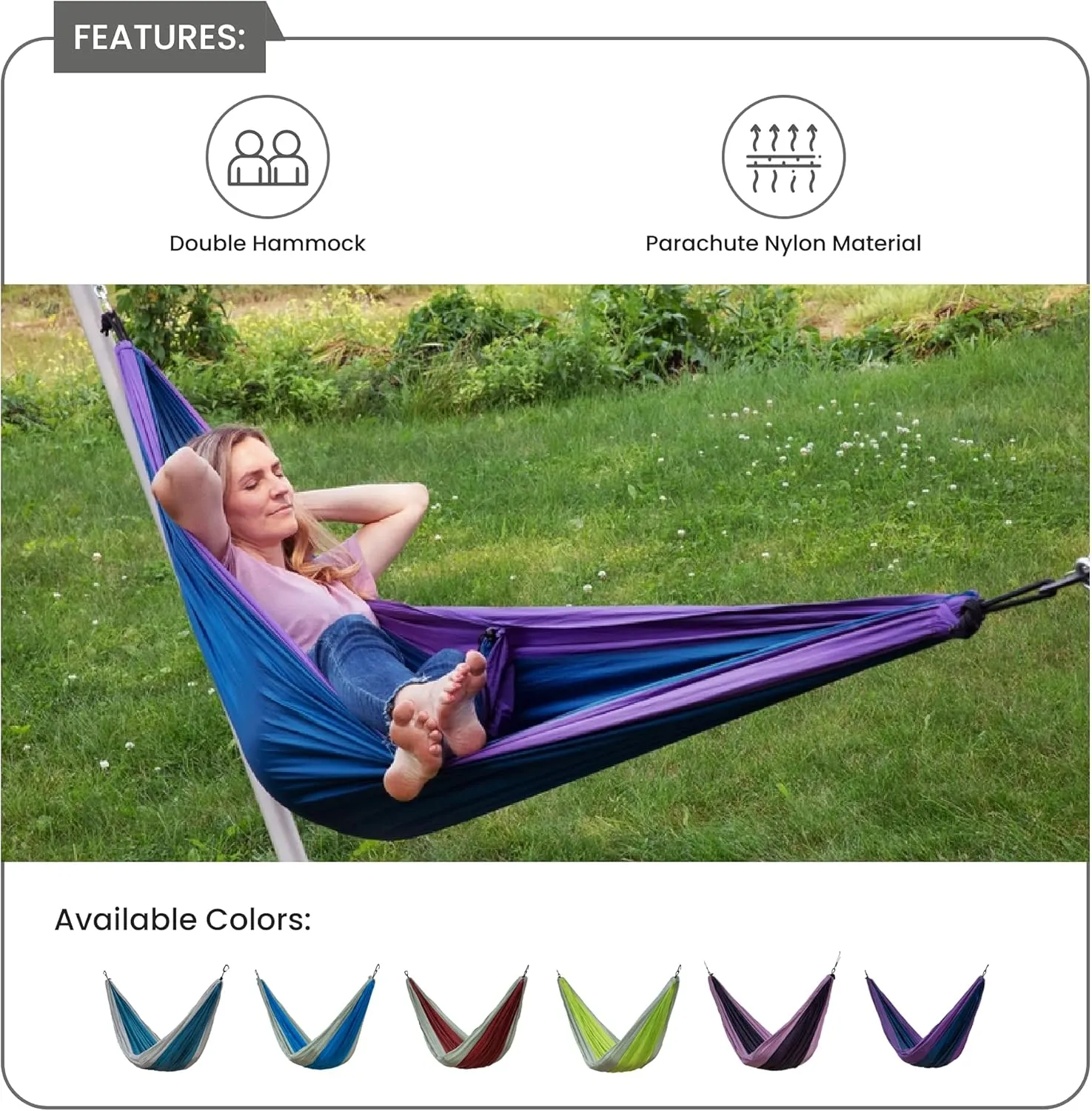 Makena Camping Hammock Set with Storage Bag Double Hammock for Two Outdoor Tree Swing Portable Hammock for Travel Camping Accessories Use Outside Backyard Backpacking Beach Picnic - Blue and Purple