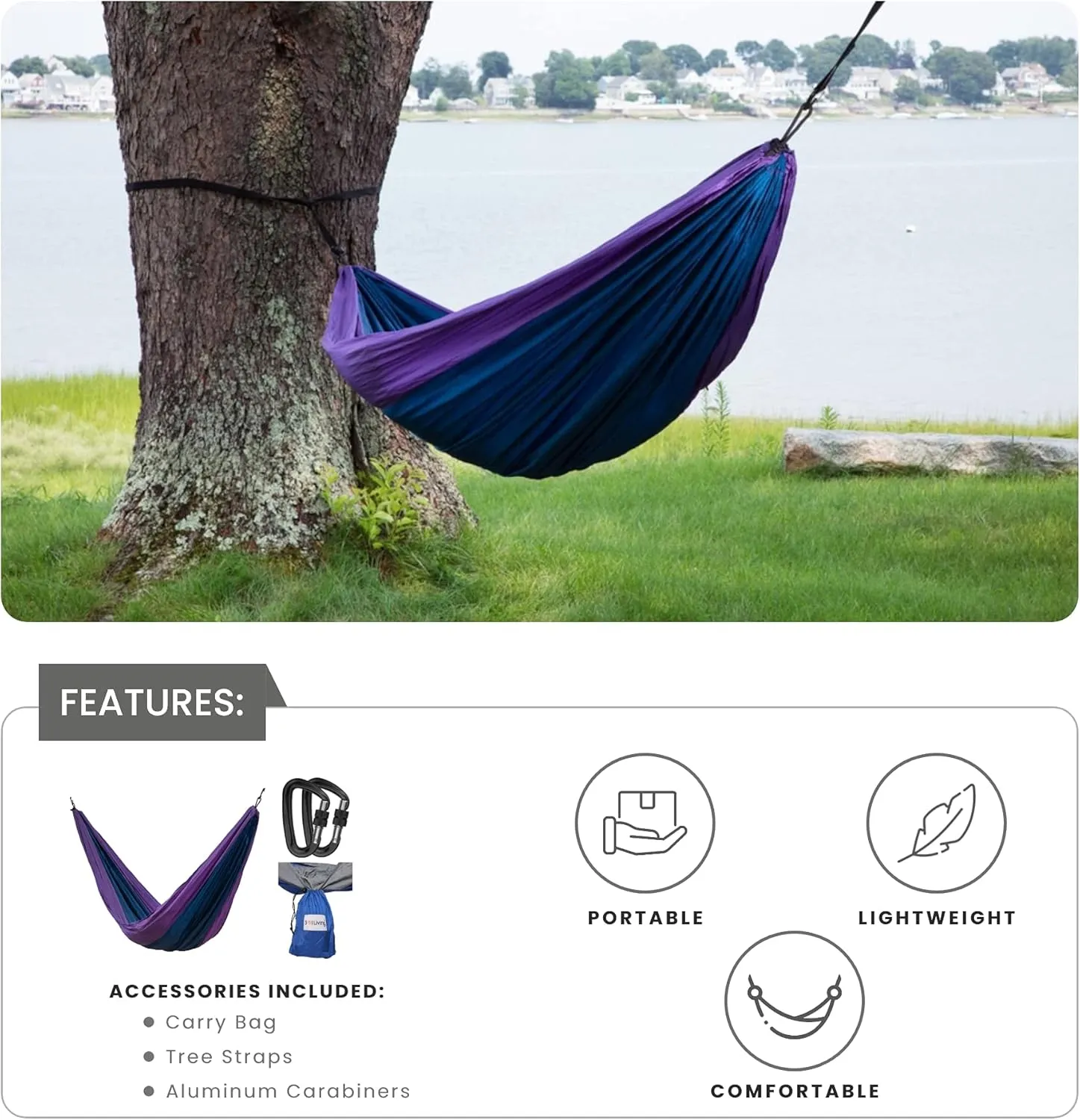 Makena Camping Hammock Set with Storage Bag Double Hammock for Two Outdoor Tree Swing Portable Hammock for Travel Camping Accessories Use Outside Backyard Backpacking Beach Picnic - Blue and Purple