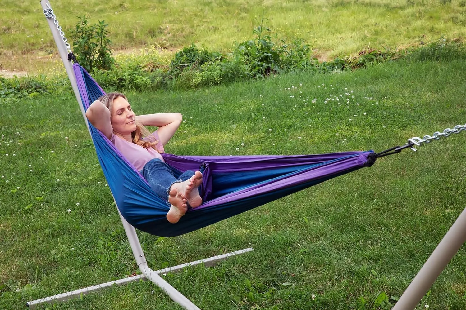 Makena Camping Hammock Set with Storage Bag Double Hammock for Two Outdoor Tree Swing Portable Hammock for Travel Camping Accessories Use Outside Backyard Backpacking Beach Picnic - Blue and Purple