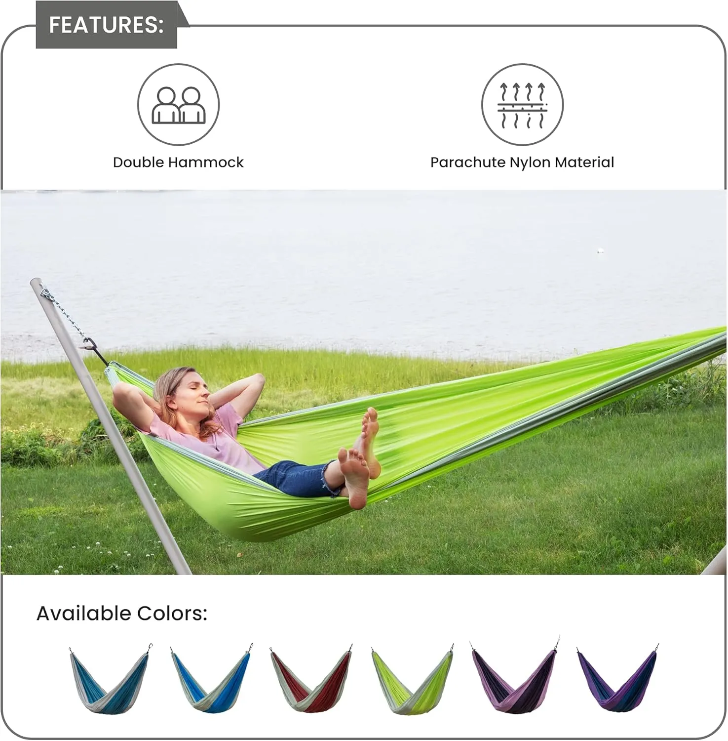 Makena Camping Hammock Set With Storage Bag Double Hammock for Two Outdoor Tree Swing Portable Hammock For Travel Camping Accessories Use Outside Backyard Backpacking Beach Picnic - Colibri Lime