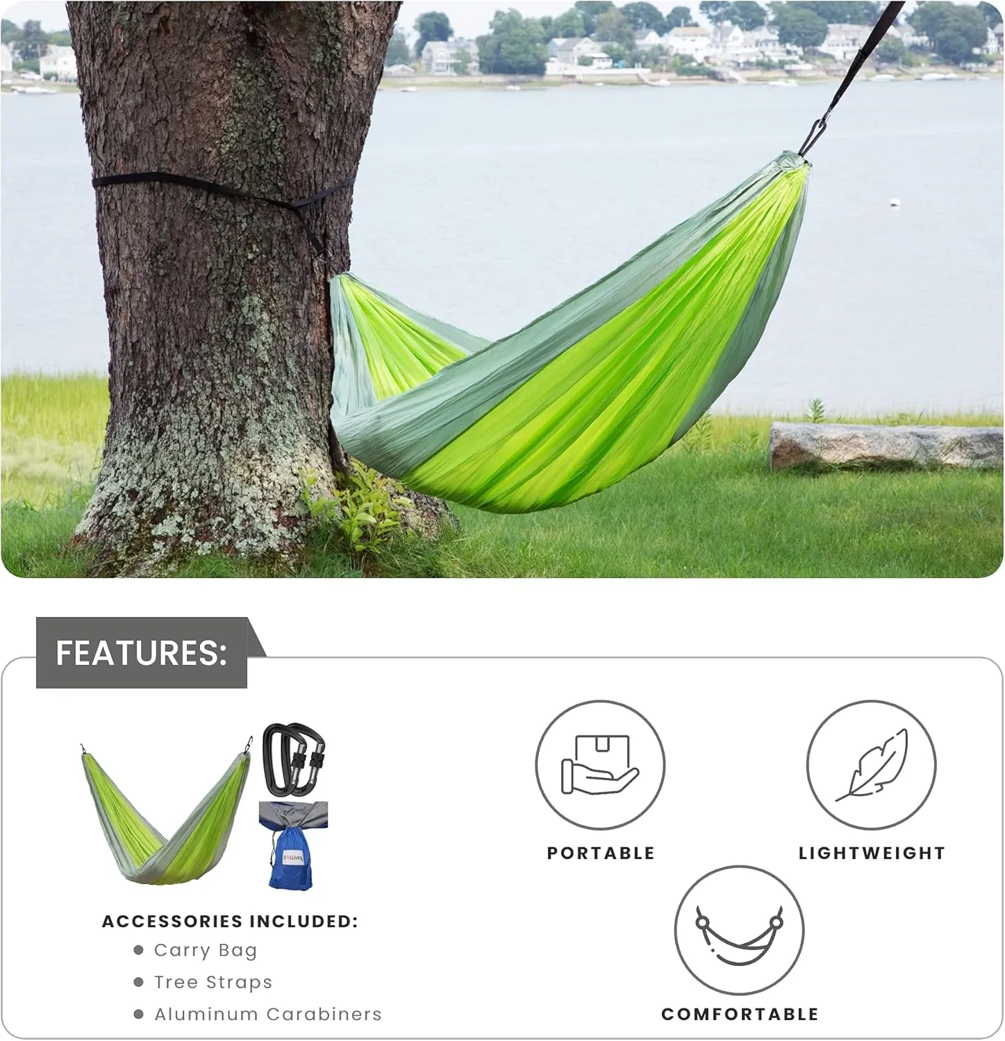 Makena Camping Hammock Set With Storage Bag Double Hammock for Two Outdoor Tree Swing Portable Hammock For Travel Camping Accessories Use Outside Backyard Backpacking Beach Picnic - Colibri Lime