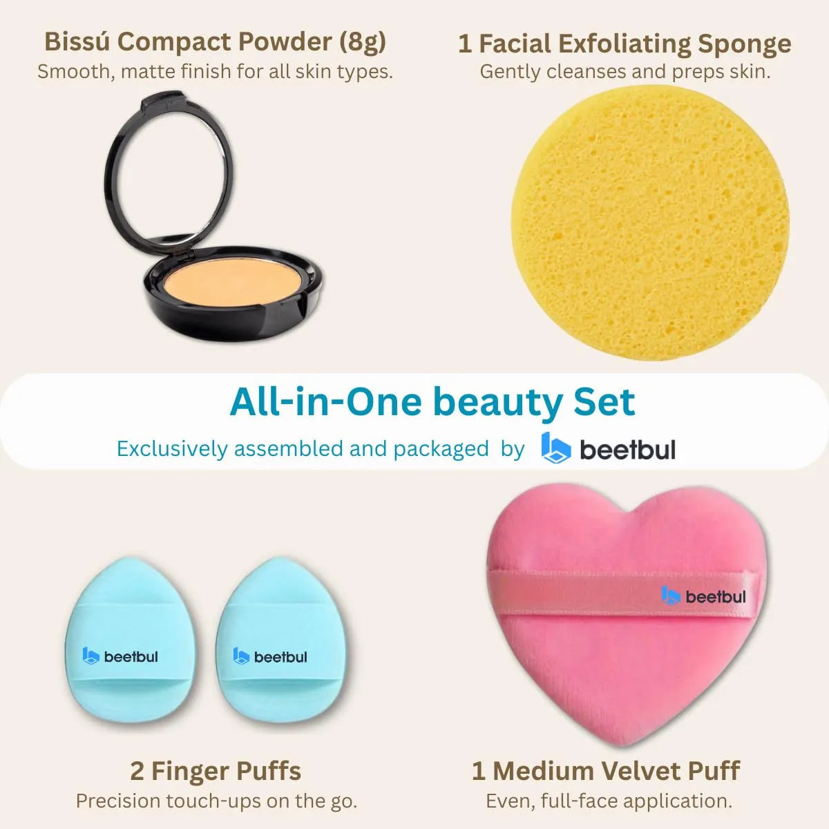 Makeup & Exfoliation Kit - Bissú Compact Powder   1 Medium Velvet Puff   2 Finger Puffs   1 Facial Exfoliating Sponge (08 Wheat, One Size)