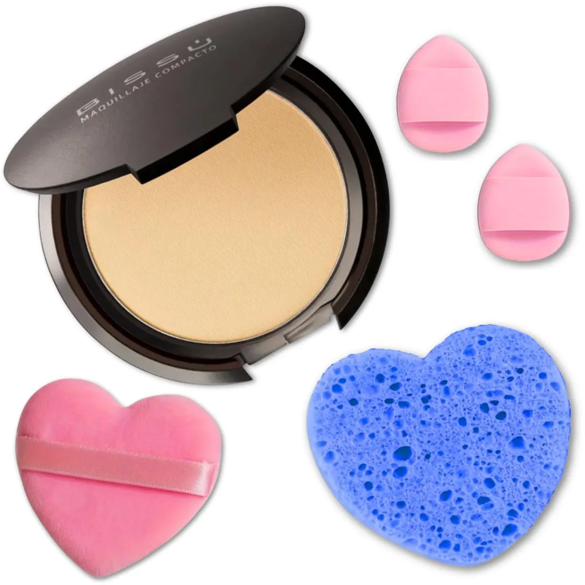 Makeup & Exfoliation Kit - Bissú Compact Powder   1 Medium Velvet Puff   2 Finger Puffs   1 Facial Exfoliating Sponge (08 Wheat, One Size)