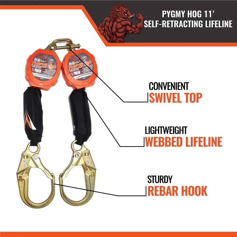 Malta Dynamics Pygmy Hog Web Self Retracting Lifeline – Fall Protection Retractable Safety Lanyard with Connector Kit and Rebar Hook, OSHA Compliant & ANSI Compliant (11 Foot Dual Kit)