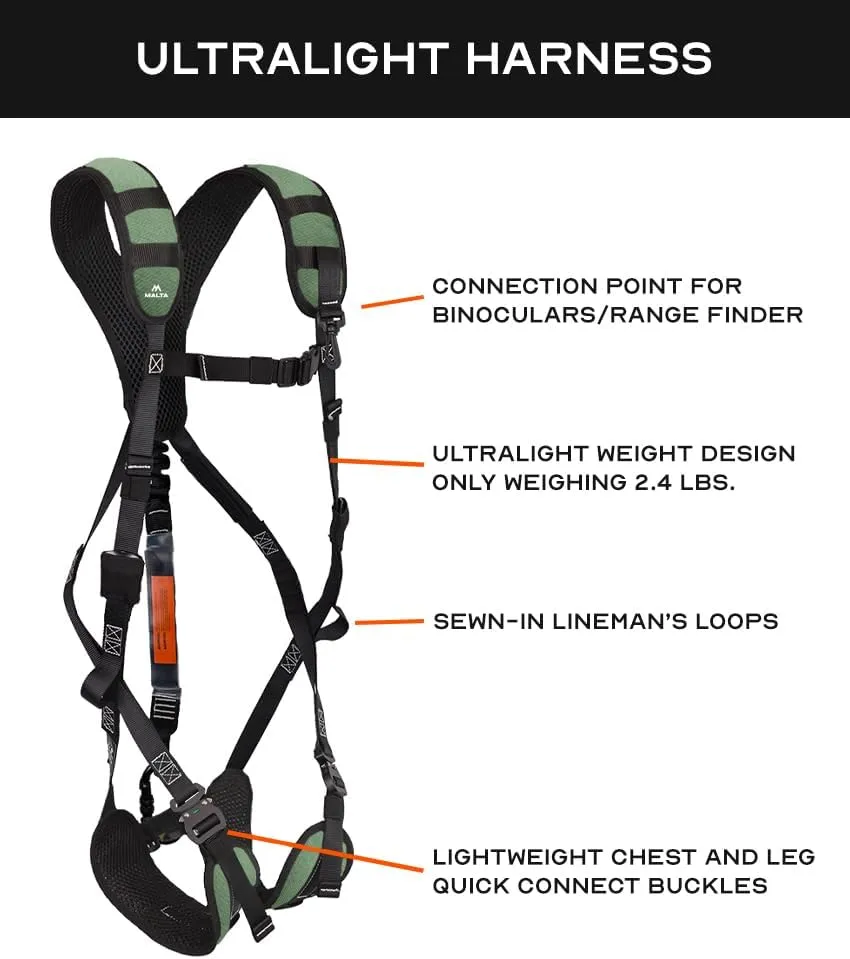 Malta Hunting Safety Ultralight Hunting Safety Harness Set with Climbing Strap, Tree Strap, Deer Drag/Suspension Relief Strap