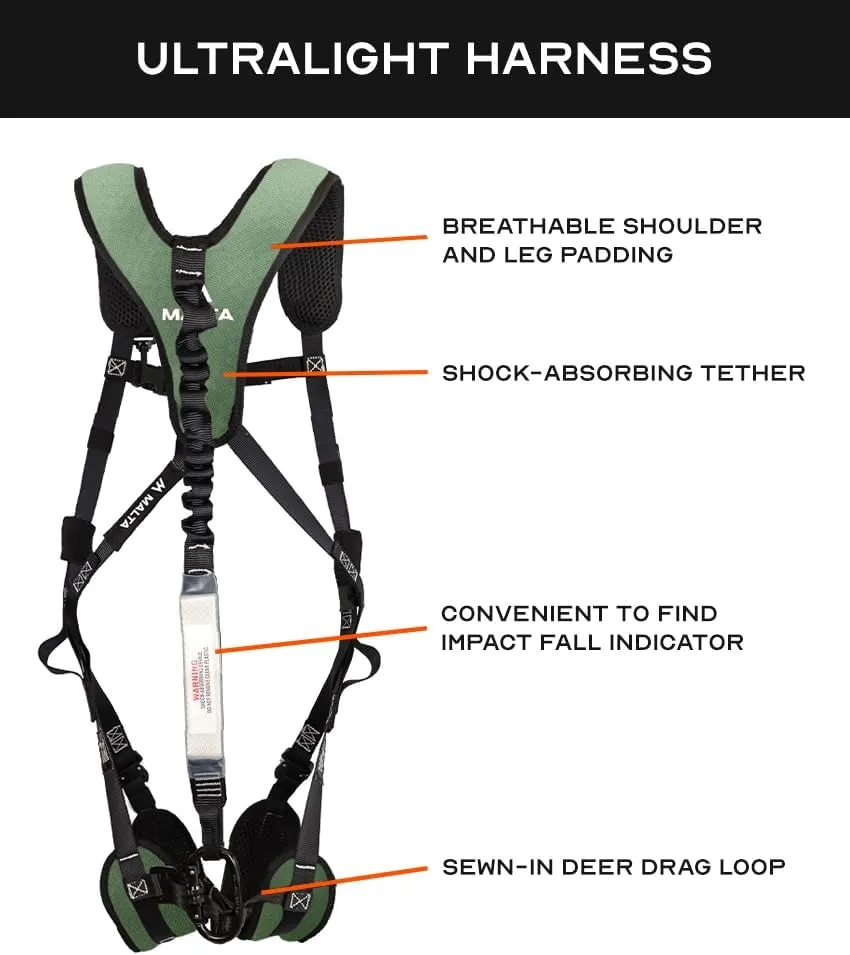 Malta Hunting Safety Ultralight Hunting Safety Harness Set with Climbing Strap, Tree Strap, Deer Drag/Suspension Relief Strap