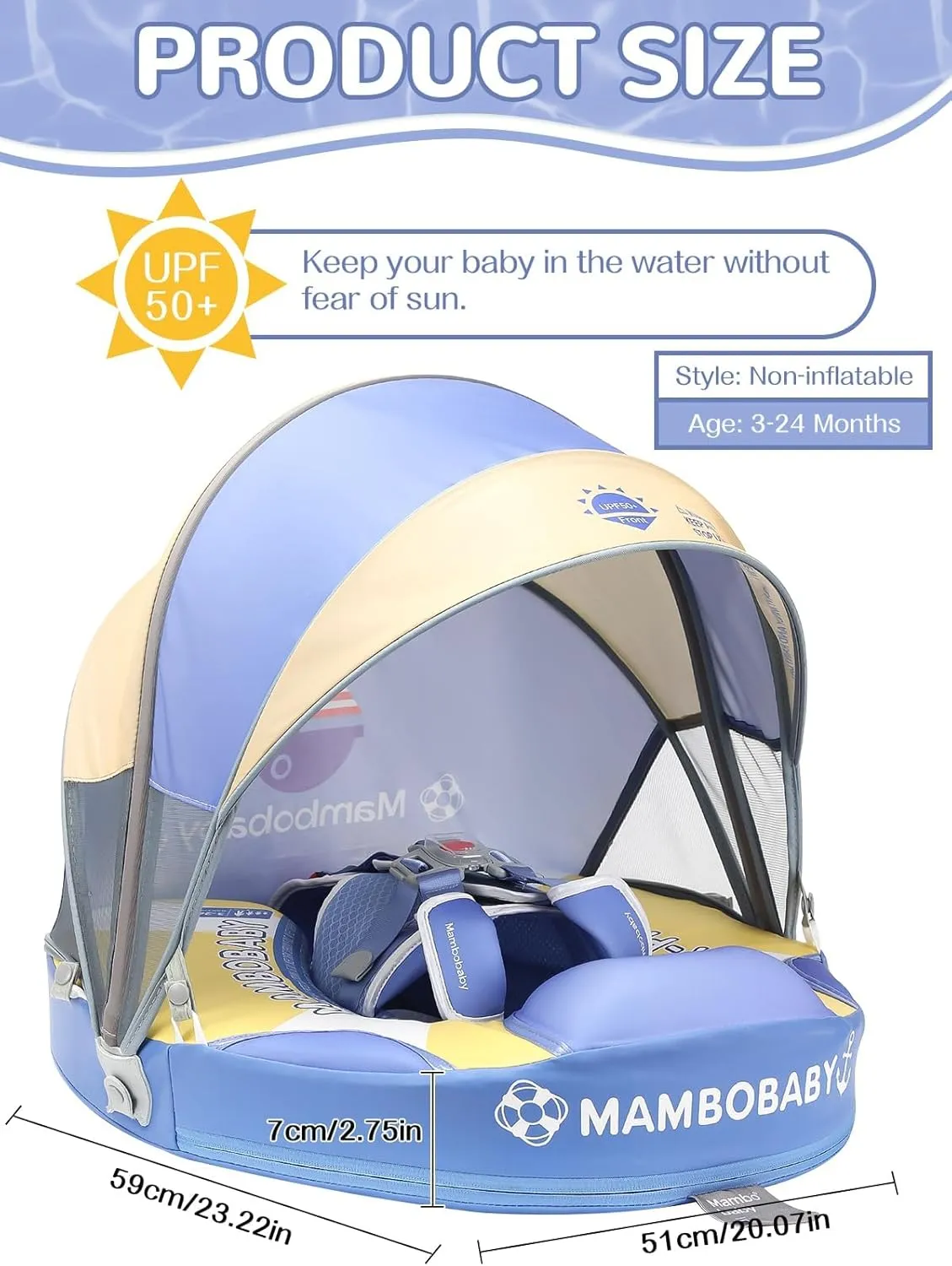 Mambobaby Baby Pool Float with Canopy & Tile, Kalolary Non-Inflatable Baby Swim Float Infant Swim Trainer Ring Toddler Pool Float with Adjustable Strap for 3-24 Months Age Boys Girls