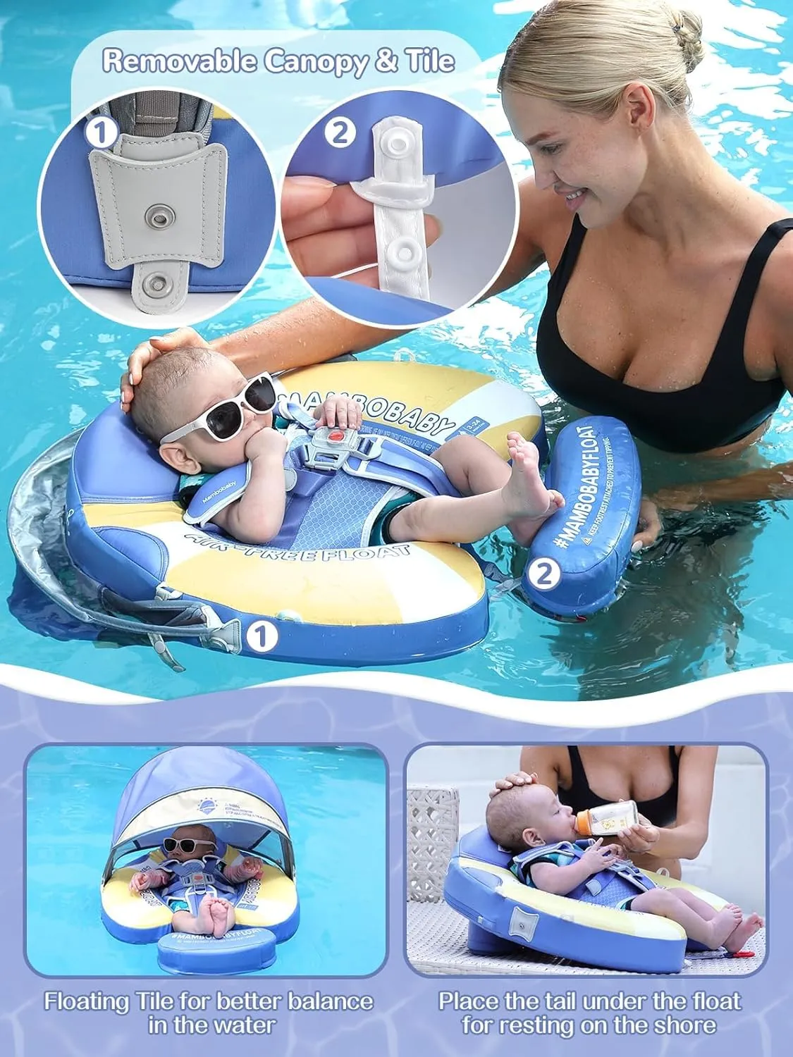 Mambobaby Baby Pool Float with Canopy & Tile, Kalolary Non-Inflatable Baby Swim Float Infant Swim Trainer Ring Toddler Pool Float with Adjustable Strap for 3-24 Months Age Boys Girls