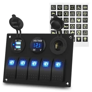 Marine Switch Panel Waterproof 12 Volt 5 Gang Rocker Switch Panel Blue Lighted with Dual USB Socket 4.8A & 12V LED Voltmeter & Cigarette Lighter Socket for Marine Boat Car RV Truck