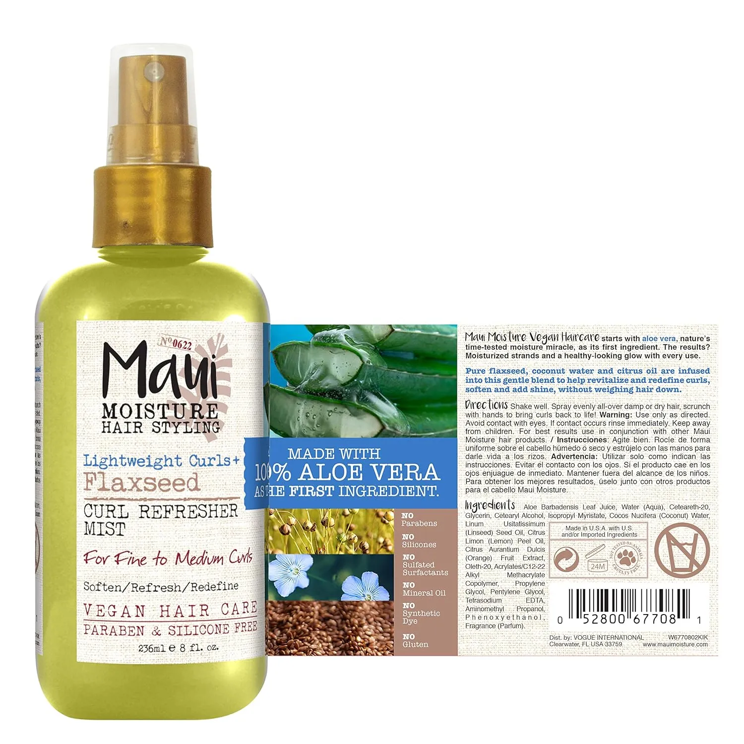 Maui Moisture Lightweight Curls   Flaxseed Curl Refresher Mist, Conditioning and Moisturizing Spray with Aloe Vera, Flaxseed Oil, Coconut Water, Vegan, Paraben Free, Silicone Free, 8 Fl Oz