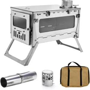 MC TOMOUNT Titanium Folding Tent Stove Wood Burning Stove Ultralight 1mm Thick Plate for Backpacking Camping Hunting Pipe Included