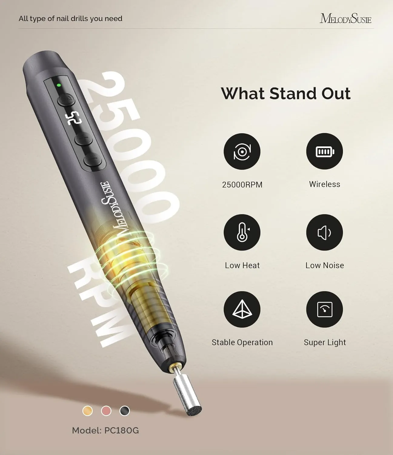 MelodySusie Electric Nail Drill - Cordless File for Acrylic Gel Nails, PC180G 25,000RPM Professional Portable Efile Manicure Pedicure Polishing Tool With Bits, Sanding Bands