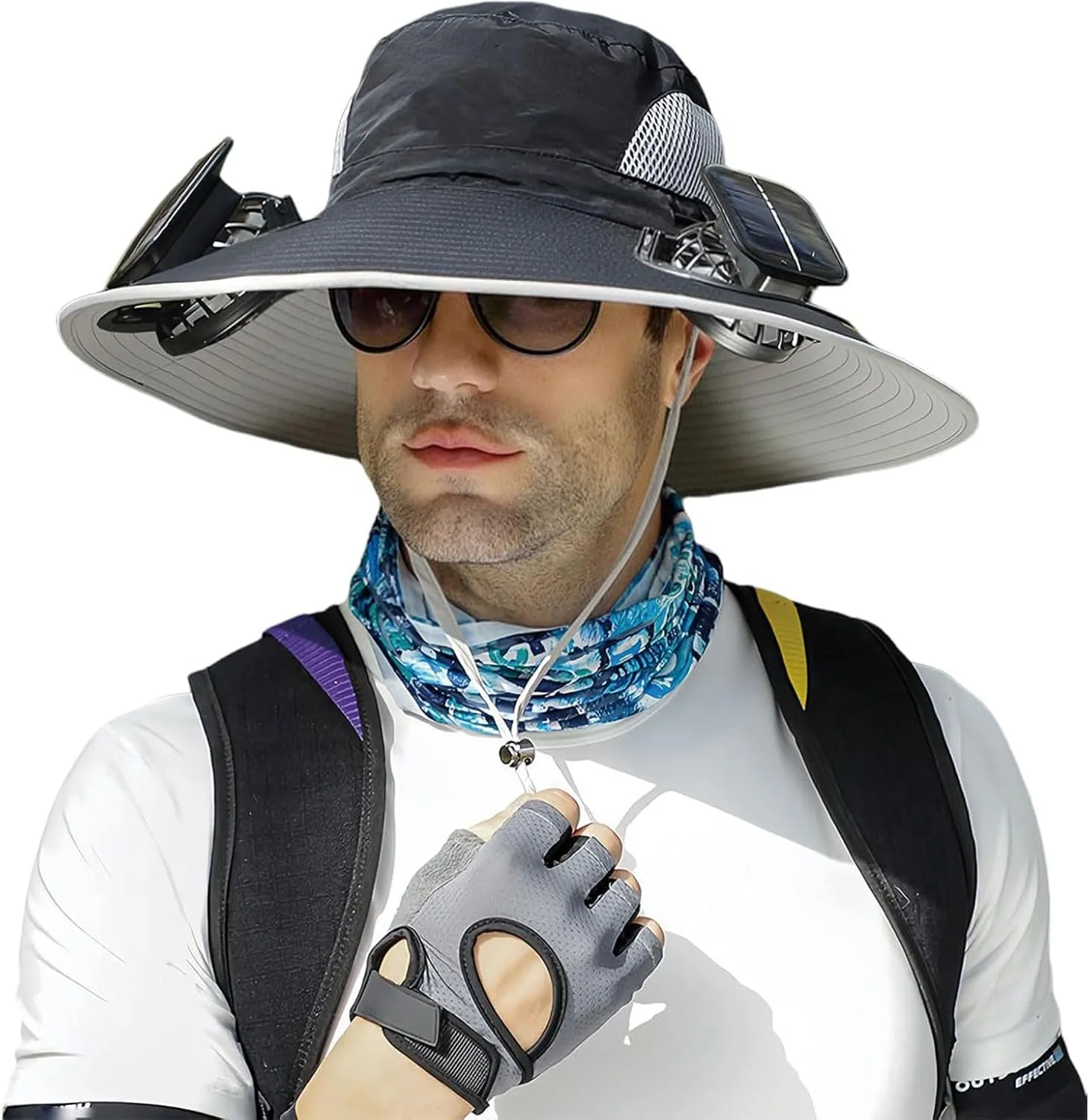 Men Wide Brim Sun Hats with 2 Solar Fan Waterproof Breathable Bucket Hat Outdoor Fishing Hat for Hiking Camping