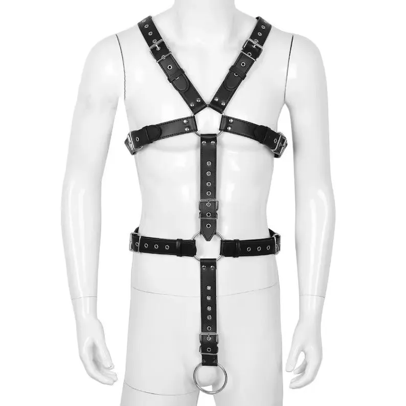 Mens Leather Chest Harness with Cockring Combo