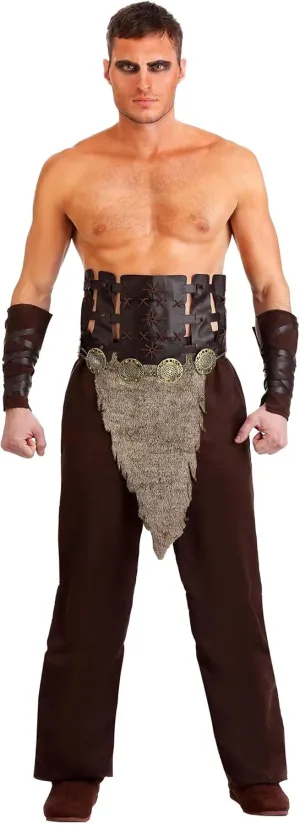 Men's Warrior Costume Faux Suede Outfit, With Harness And Faux Fur Drape, Halloween Horse Warlord For Men