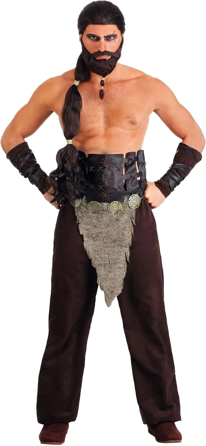 Men's Warrior Costume Faux Suede Outfit, With Harness And Faux Fur Drape, Halloween Horse Warlord For Men