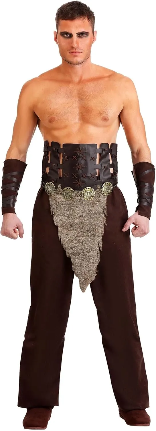 Men's Warrior Costume Faux Suede Outfit, With Harness And Faux Fur Drape, Halloween Horse Warlord For Men