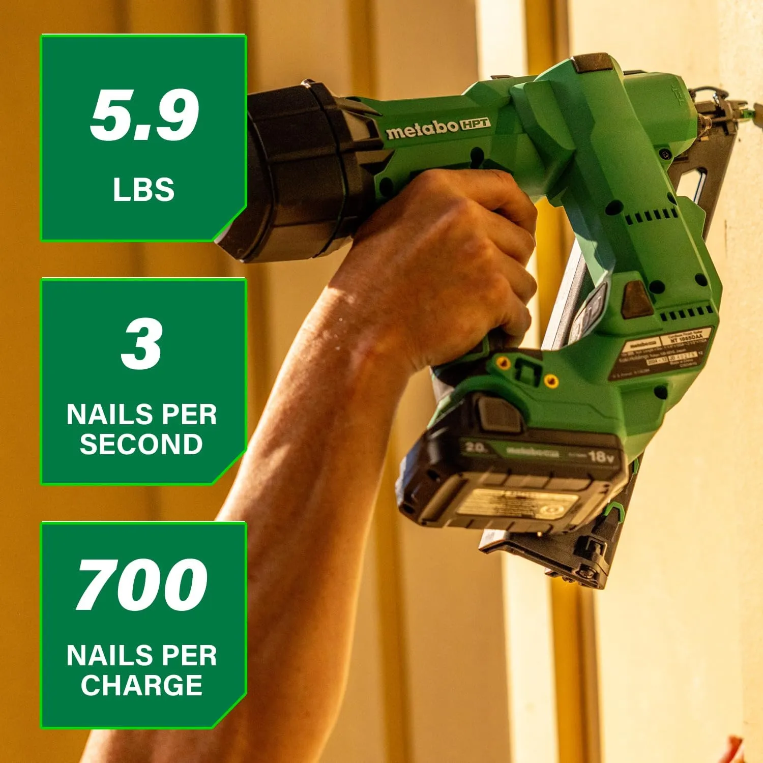 Metabo HPT Cordless Finish Nailer Kit, 18V MultiVolt™, 15 Gauge Angled, Brushless Motor, 700 Nails per Charge, Slim Nose Design, Increased Power, Includes Battery, Charger, & Carrying Bag, NT1865DAA