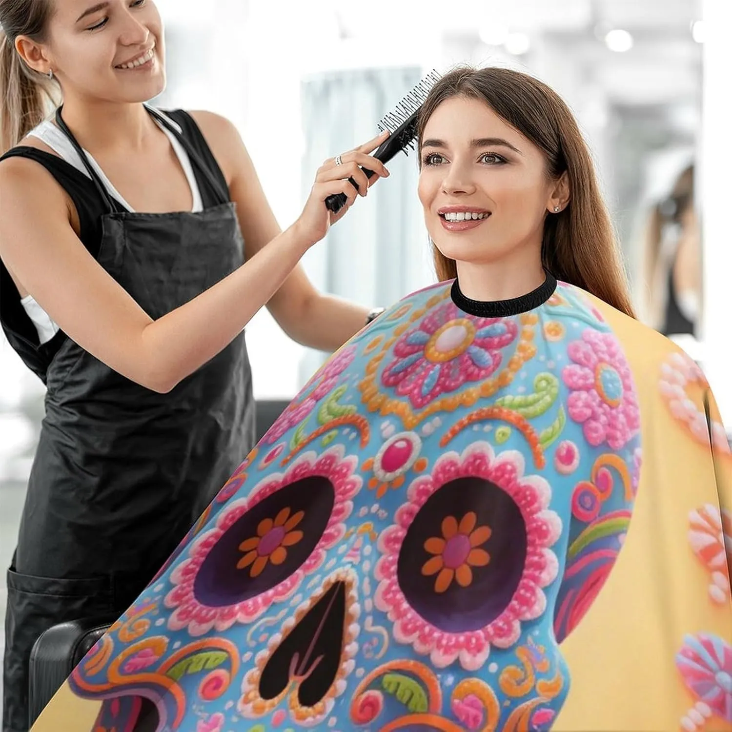 Mexican Sugar Skull Flower Art Salon Haircut Capes Hair Dress Apron Cloak - Adjustable Hairdresser Apron for Hairstylists, Easy Clean