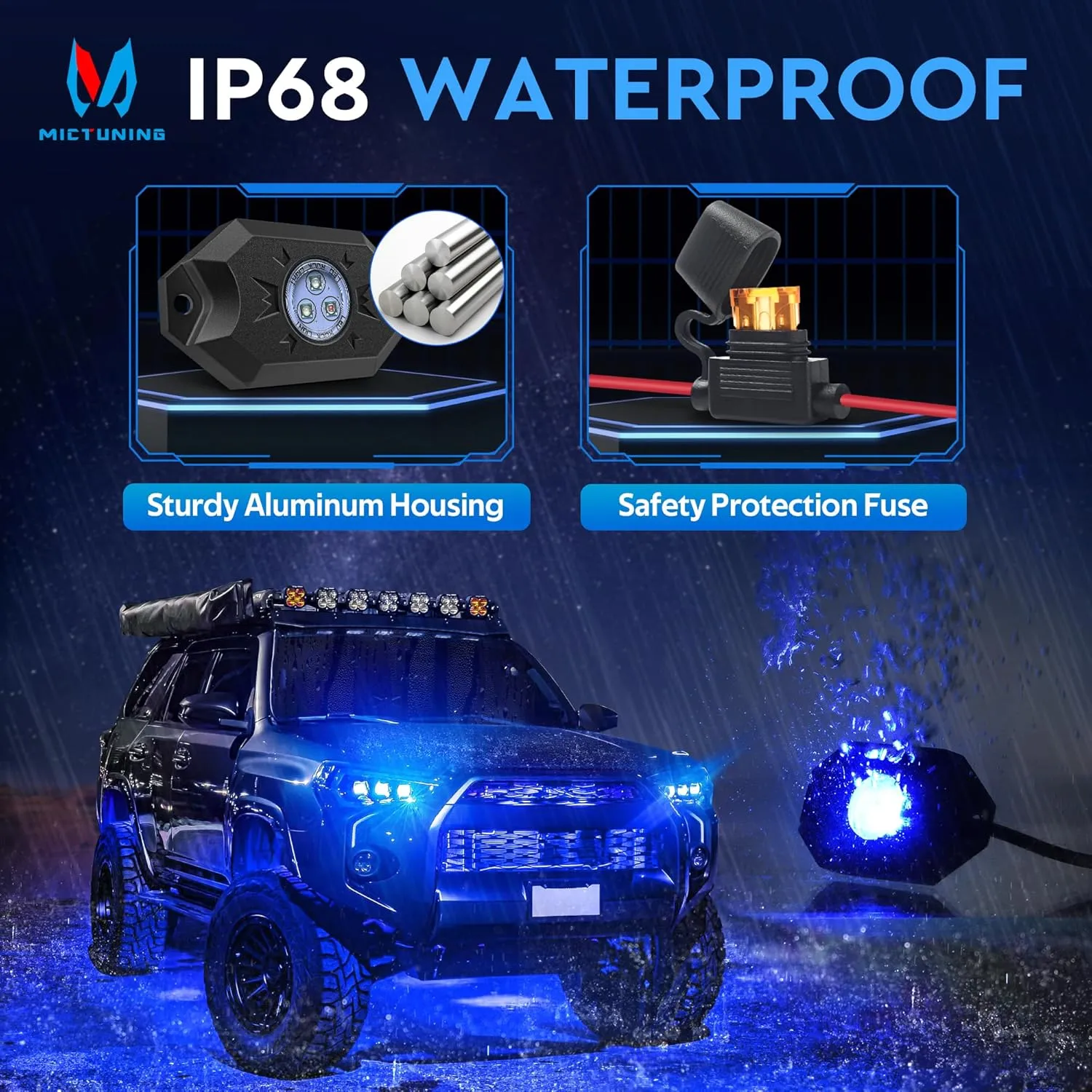 MICTUNING RGB LED Rock Lights - 8 Pods Multicolor Neon Light Waterproof Underglow Lighting Kit with APP Control & Flashing & DIY Mode Wheel Well Lights for Truck UTV ATV RZR SUV