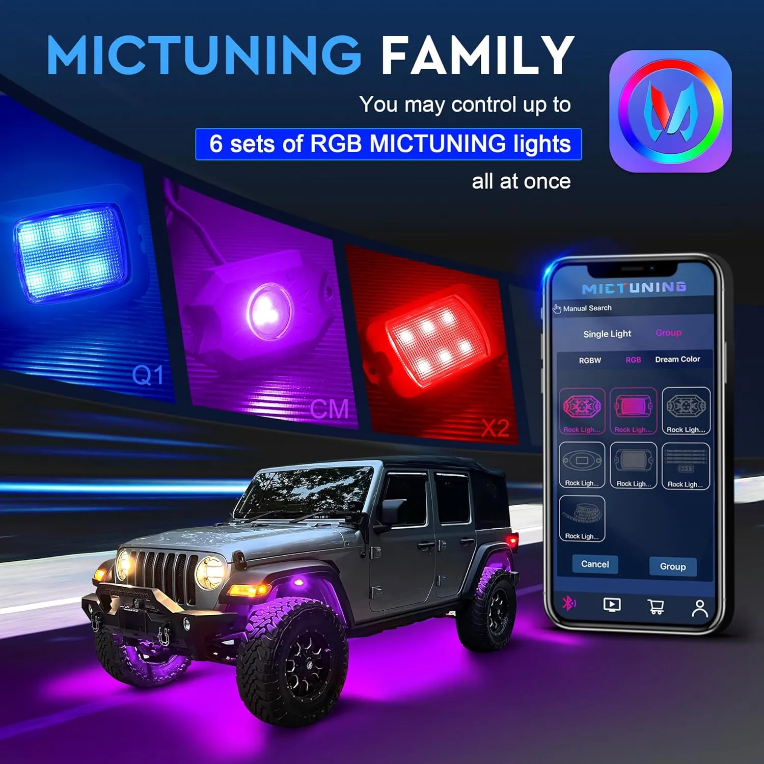 MICTUNING RGB LED Rock Lights - 8 Pods Multicolor Neon Light Waterproof Underglow Lighting Kit with APP Control & Flashing & DIY Mode Wheel Well Lights for Truck UTV ATV RZR SUV