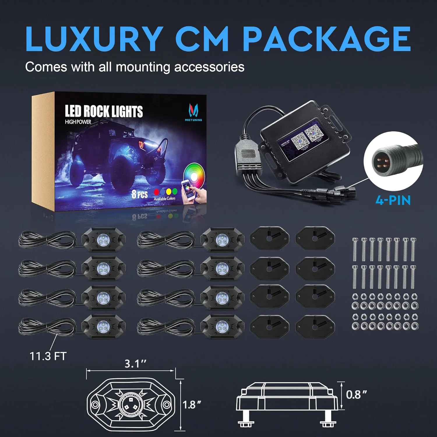 MICTUNING RGB LED Rock Lights - 8 Pods Multicolor Neon Light Waterproof Underglow Lighting Kit with APP Control & Flashing & DIY Mode Wheel Well Lights for Truck UTV ATV RZR SUV