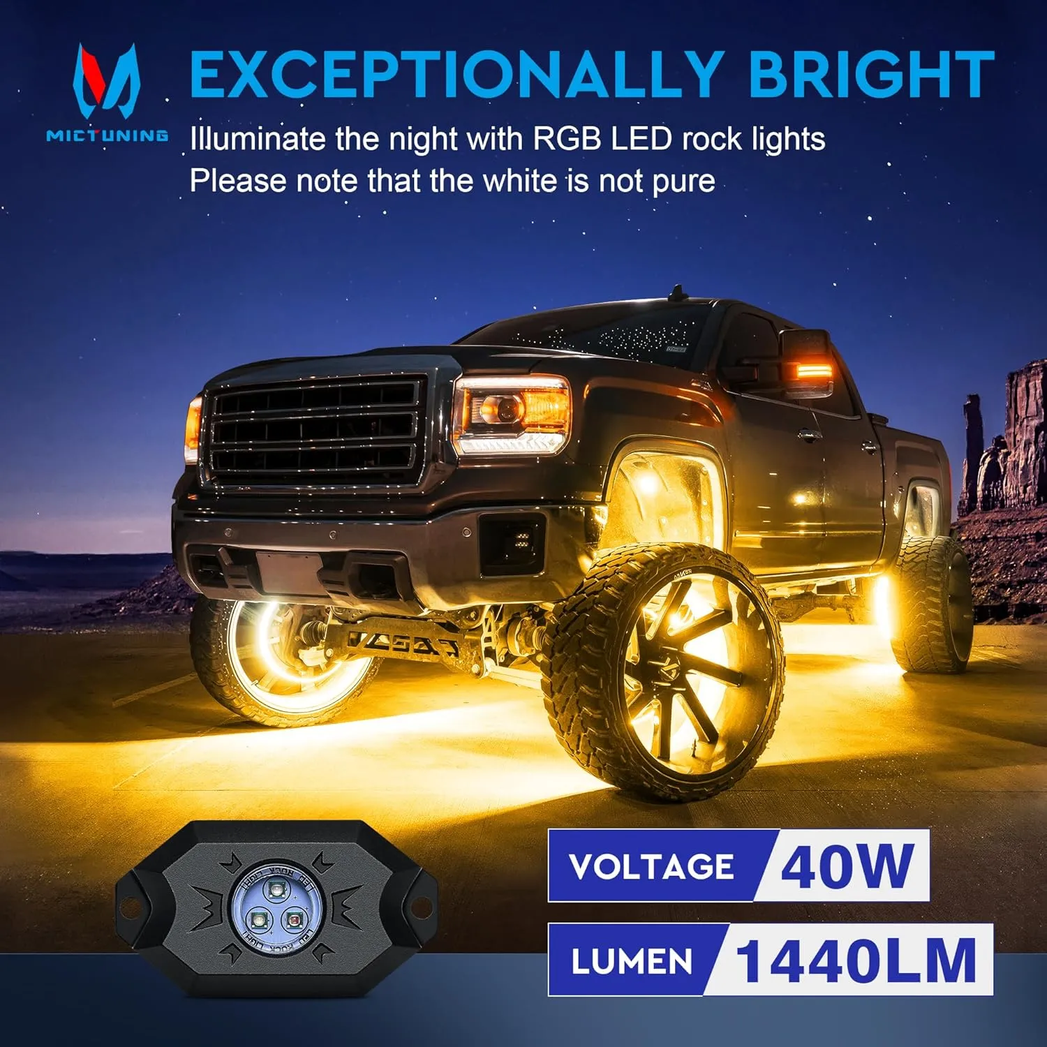 MICTUNING RGB LED Rock Lights - 8 Pods Multicolor Neon Light Waterproof Underglow Lighting Kit with APP Control & Flashing & DIY Mode Wheel Well Lights for Truck UTV ATV RZR SUV