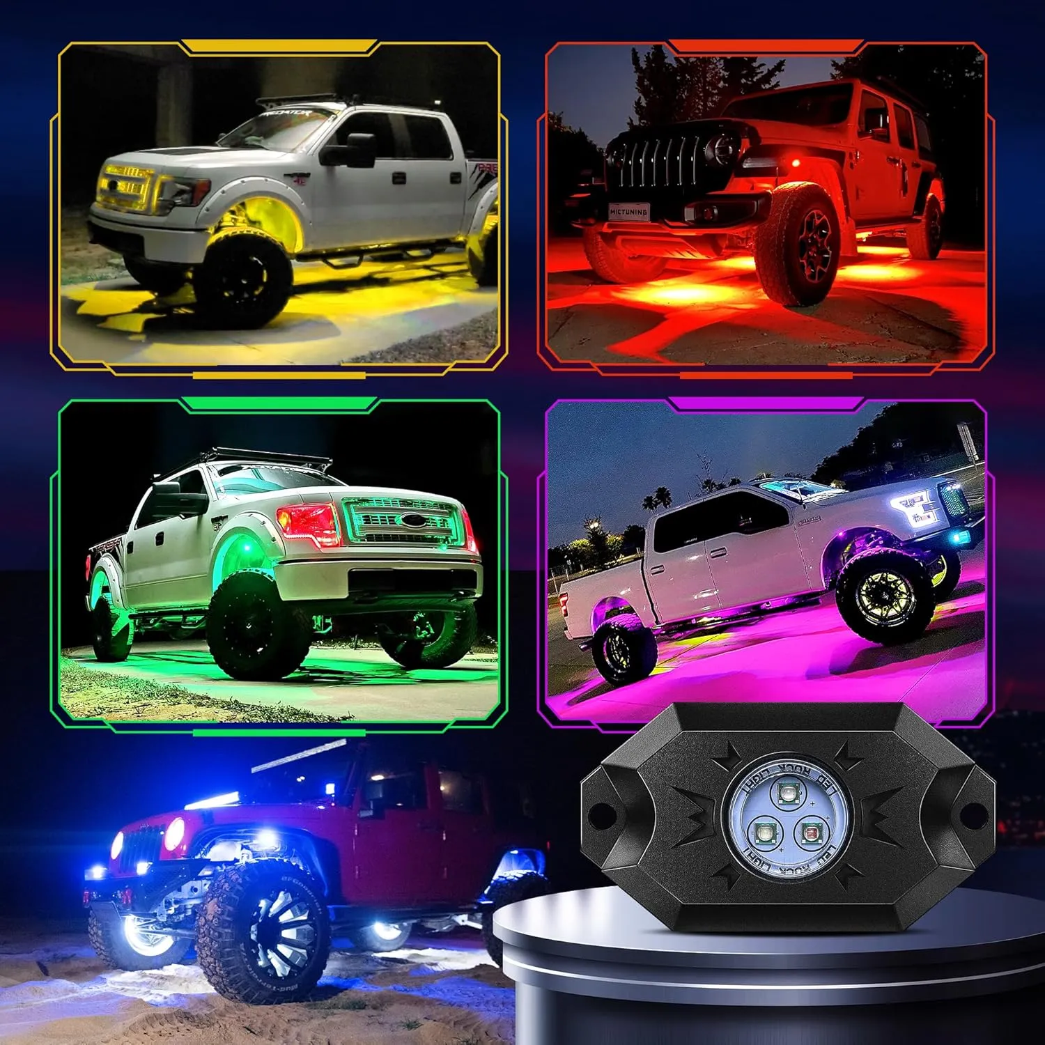 MICTUNING RGB LED Rock Lights - 8 Pods Multicolor Neon Light Waterproof Underglow Lighting Kit with APP Control & Flashing & DIY Mode Wheel Well Lights for Truck UTV ATV RZR SUV