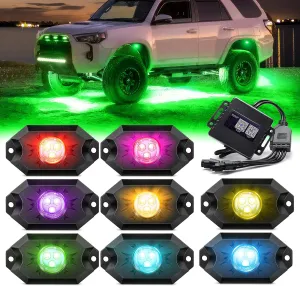 MICTUNING RGB LED Rock Lights - 8 Pods Multicolor Neon Light Waterproof Underglow Lighting Kit with APP Control & Flashing & DIY Mode Wheel Well Lights for Truck UTV ATV RZR SUV