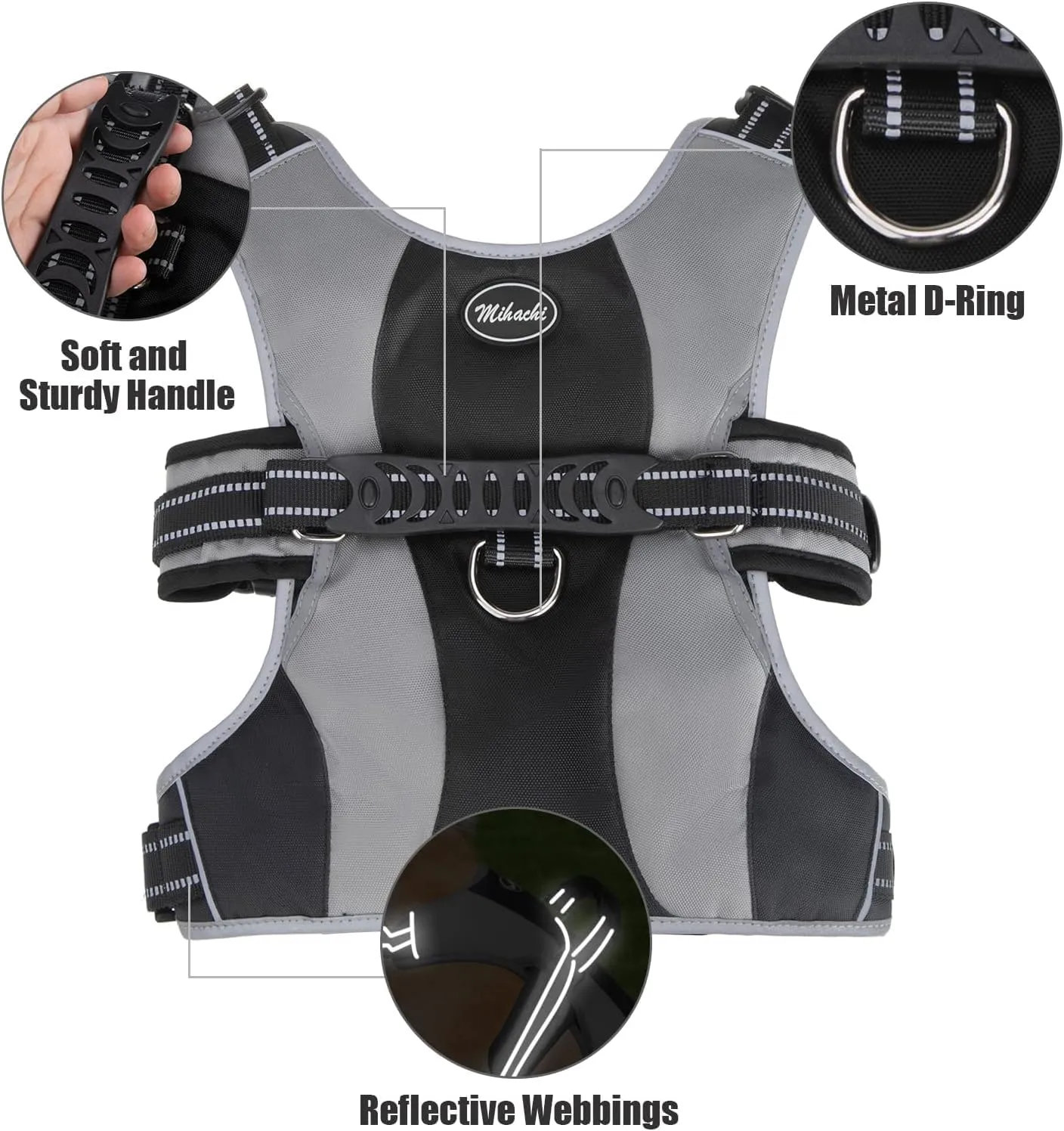 Mihachi Escape Proof Dog Harness - No Pull Reflective Dogs Harness Vest with Lift Handle, Adjustable Soft Padded No Slip Pet Harness Training Easy Control for Medium Large Dogs