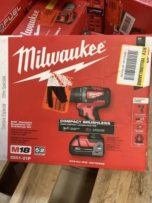 Milwaukee 2801-21P M18 18-Volt Lithium-Ion Compact Brushless Cordless 1/2 in. Drill/Driver Kit