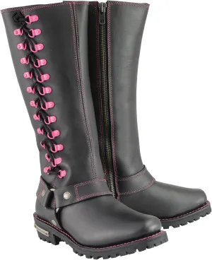 Milwaukee Leather Women's Black 14-inch Leather Harness Motorcycle Boots with Purple or Pink Accent Lacing MBL9366-MBL9367