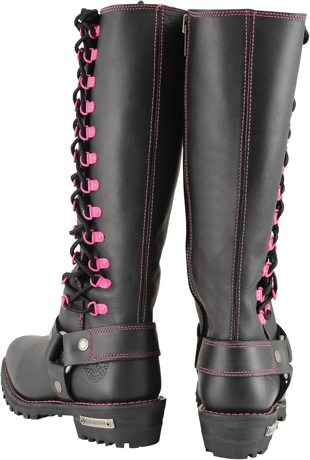 Milwaukee Leather Women's Black 14-inch Leather Harness Motorcycle Boots with Purple or Pink Accent Lacing MBL9366-MBL9367