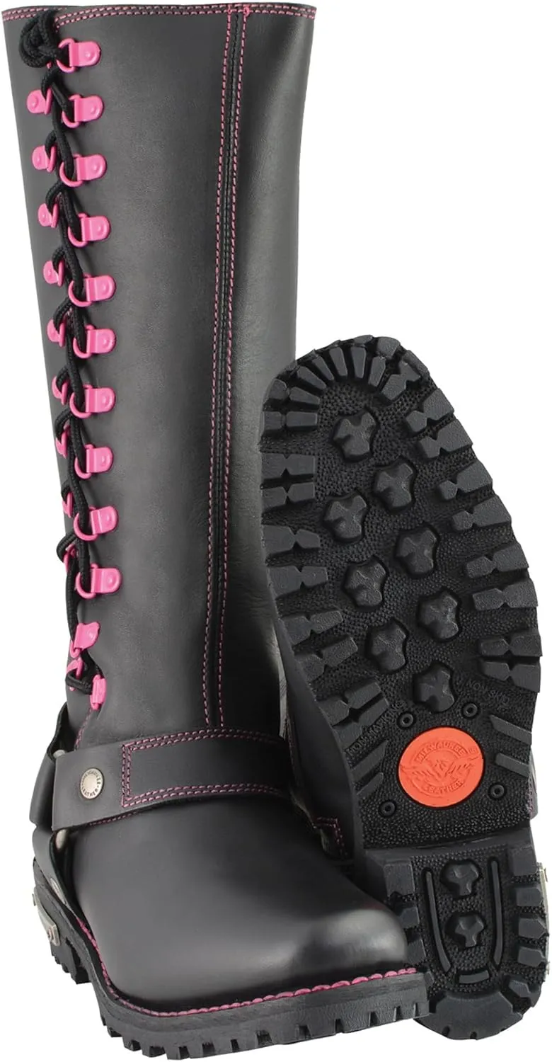 Milwaukee Leather Women's Black 14-inch Leather Harness Motorcycle Boots with Purple or Pink Accent Lacing MBL9366-MBL9367