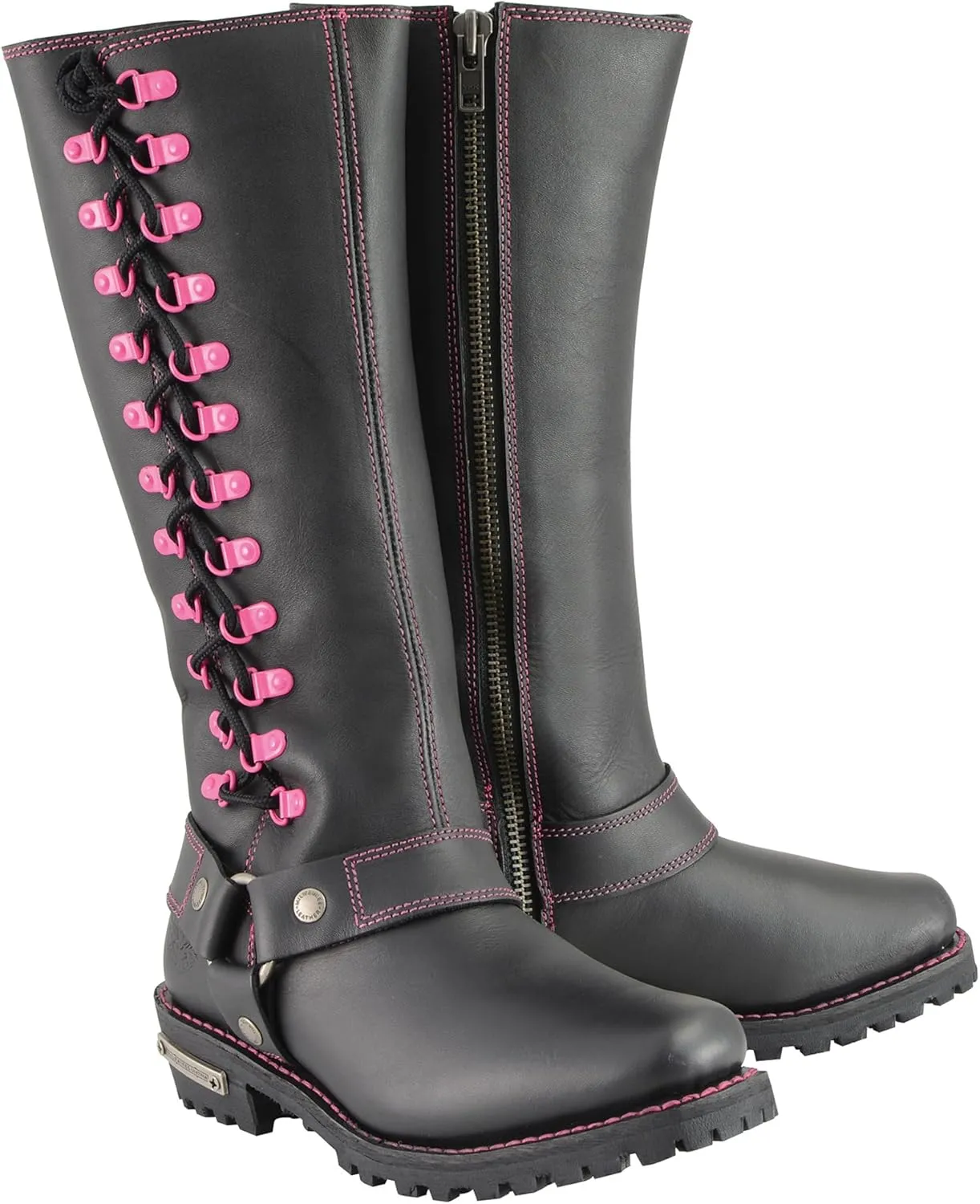Milwaukee Leather Women's Black 14-inch Leather Harness Motorcycle Boots with Purple or Pink Accent Lacing MBL9366-MBL9367