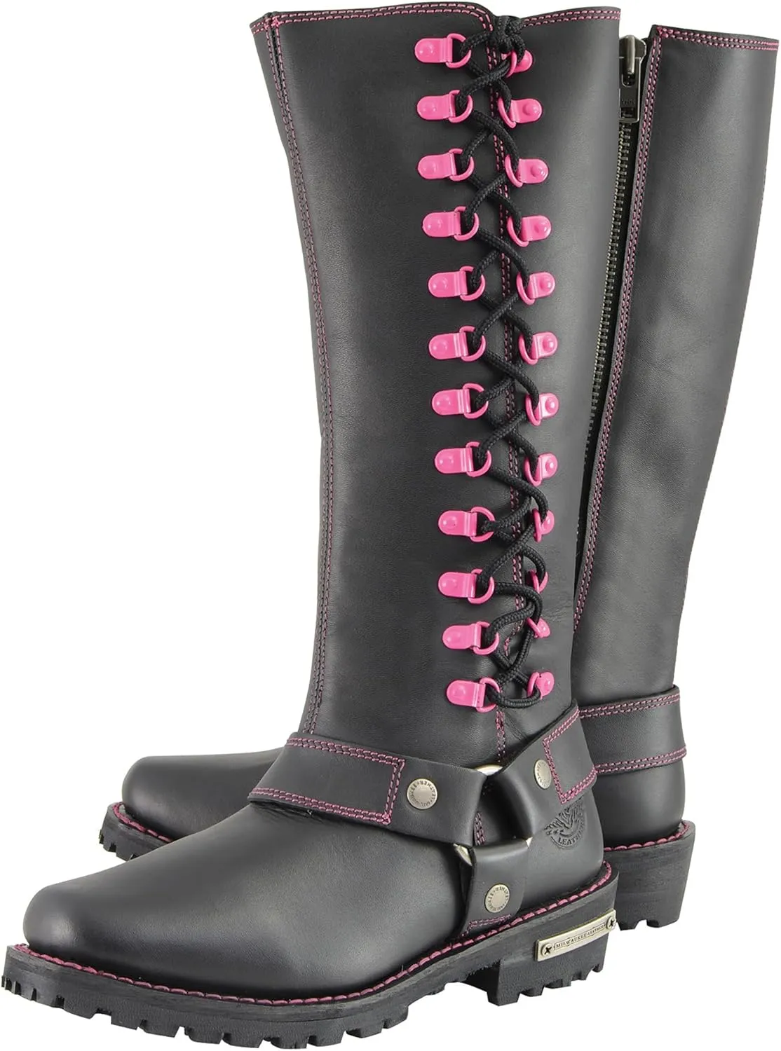 Milwaukee Leather Women's Black 14-inch Leather Harness Motorcycle Boots with Purple or Pink Accent Lacing MBL9366-MBL9367