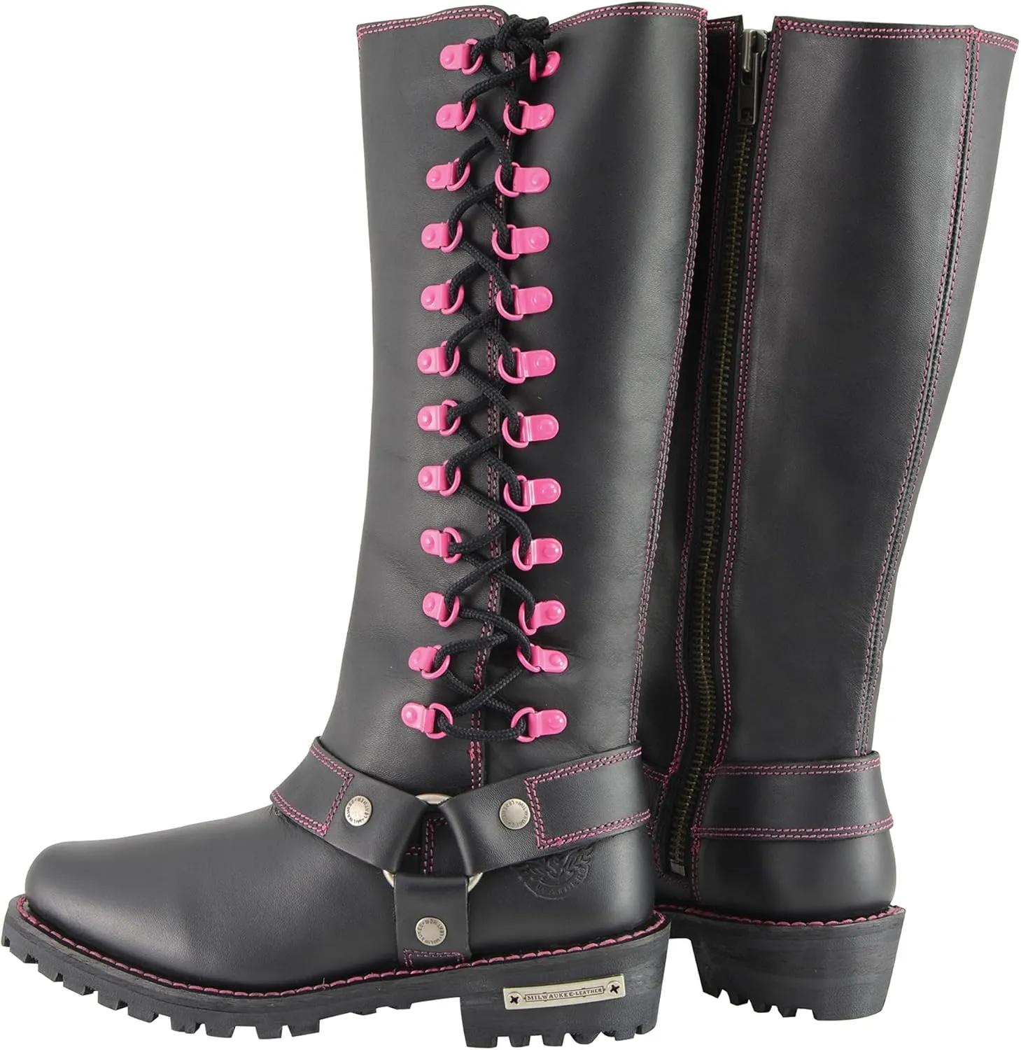 Milwaukee Leather Women's Black 14-inch Leather Harness Motorcycle Boots with Purple or Pink Accent Lacing MBL9366-MBL9367