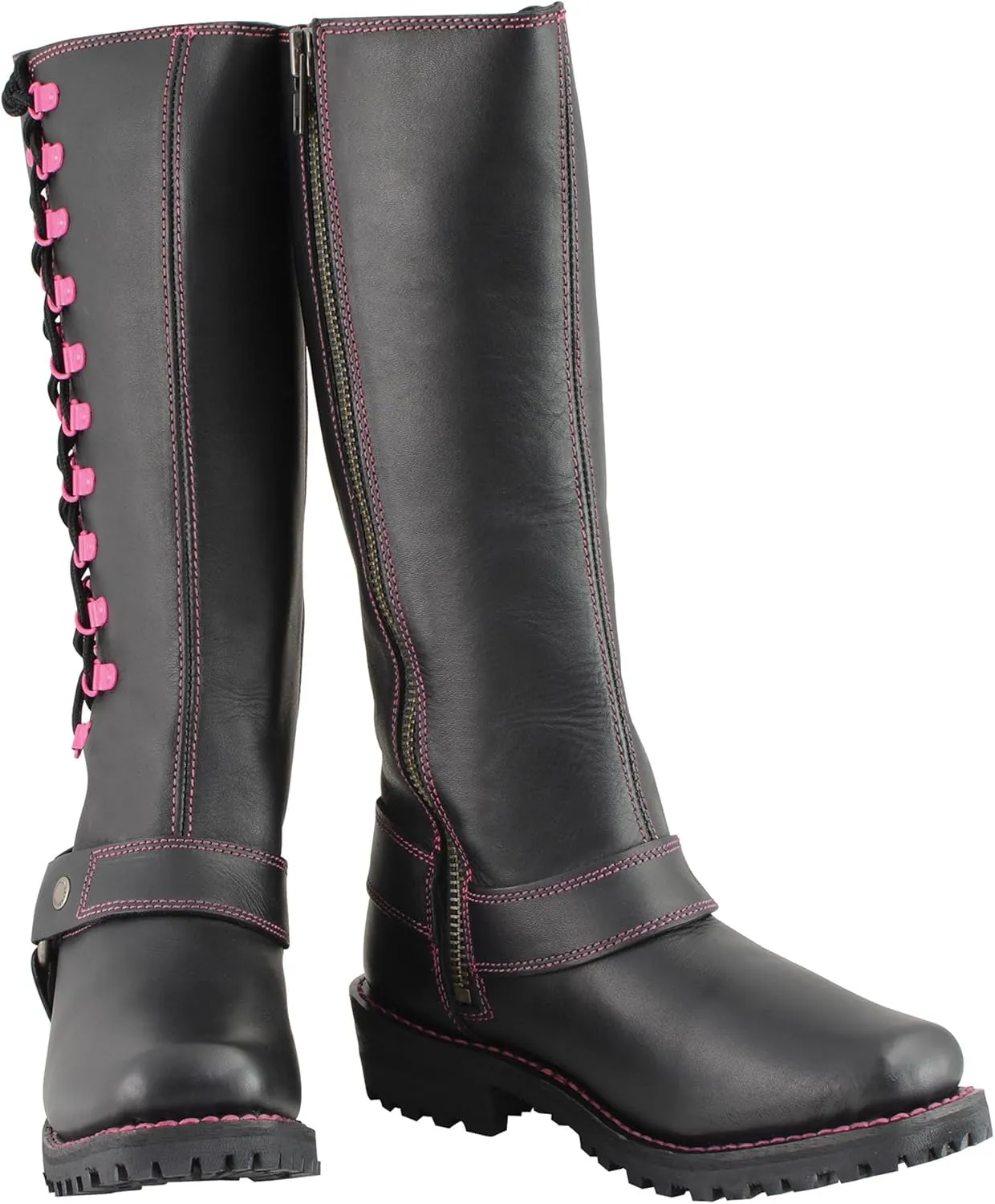 Milwaukee Leather Women's Black 14-inch Leather Harness Motorcycle Boots with Purple or Pink Accent Lacing MBL9366-MBL9367