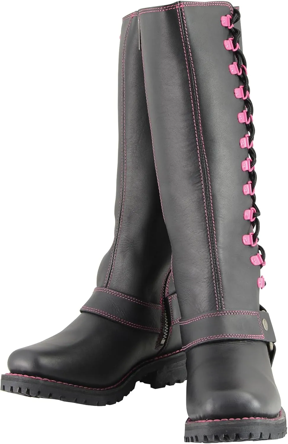 Milwaukee Leather Women's Black 14-inch Leather Harness Motorcycle Boots with Purple or Pink Accent Lacing MBL9366-MBL9367
