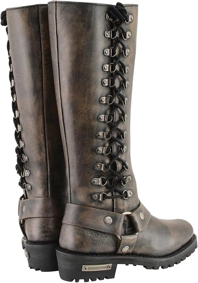 Milwaukee Leather Women's Distressed Brown Leather 14-inch Classic Harness Square Toe Motorcycle Rider Boots MBL9368-7
